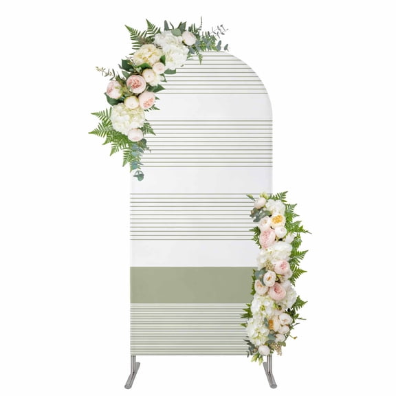 Sage Green Stripe Arch Backdrop Cover, Spandex Fitted Wedding Arch Cover, Modern Rustic Horizontal Green Striped Round Top Stand Covers for Birthday Ceremony Bridal Shower Party Decor 5x2.1 Ft