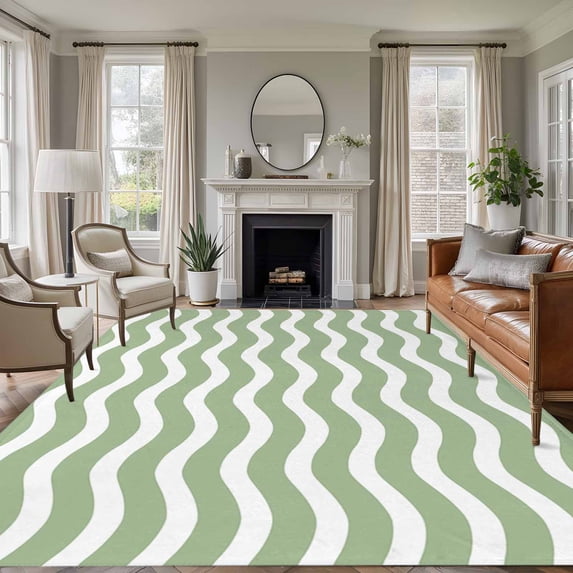 Sage Green Stripe Area Rugs 8x10 for Living Room, Farmhouse Striped Modern Waves Moires Non Slip Washable Rug Runner, Low Pile Indoor Floor Carpet Mat Bathroom Rugs for Bedroom, Kids Room