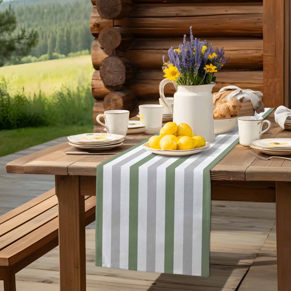 Sage Green Stripe Gray Line Table Runner 13x90in Non-Slip Cotton Linen Table Runners, Minimalist Style Dresser Scarves TableRunner for Dinner Kitchen Dining Wedding Party