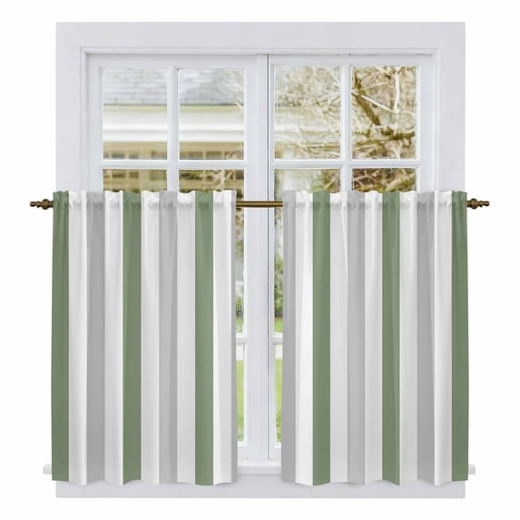 Sage Green Stripe Kitchen Curtains, Geometric Grey White Vertical Striped Light Filtering Window Curtain Panels, 2Pcs Rod Pocket Window Treatments Set for Study Room Bathroom Bedroom 52x54 Inches