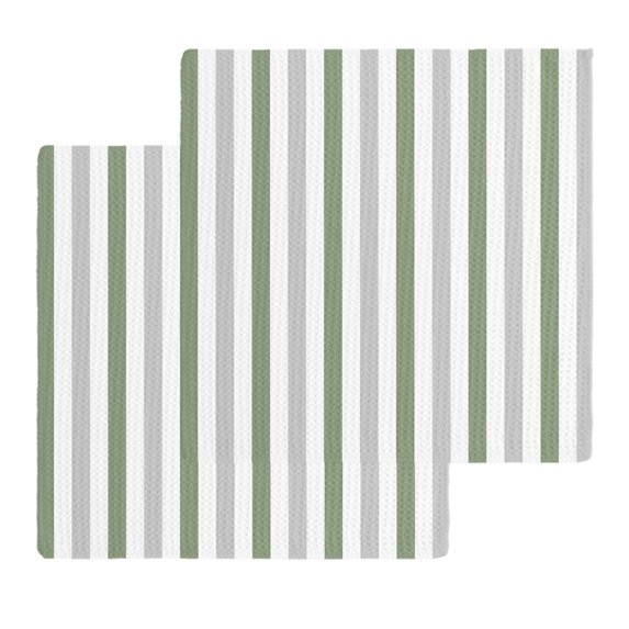 Sage Green Stripe Kitchen Dish Towels for Drying Dishes Set of 2, Geometric Grey White Vertical Striped Waffle Weave Microfiber Hand Tea Bathroom Towels Quick Dry & Absorbent Towel 12x12