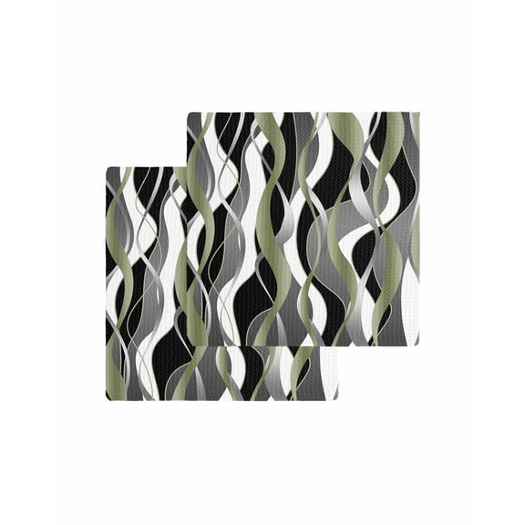Sage Green Stripe Kitchen Dish Towels for Drying Dishes Set of 2, Grey Moire Geometric Modern Abstract Waffle Weave Microfiber Terry Hand Tea Bathroom Towels Quick Dry & Absorbent Towel 12x12