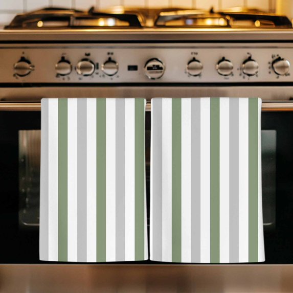 Sage Green Stripe Kitchen Towels Set of 2, Geometric Grey White Vertical Striped Absorbent Dish Towels for Kitchen, Microfiber Hand Towel, Quick Drying Tea Towel for Cleaning Decorative Dishcloths