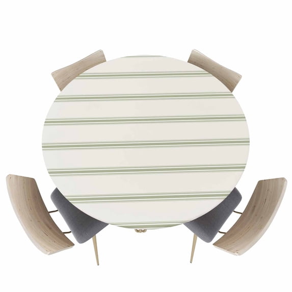 Sage Green Stripe Minimalist Art Fitted Round Tablecloths Elastic Edged Table Covers 36"-44",Modern Geometric Pinstripes Waterproof Dining Room Table Cloth for Kitchen Holiday Party Tables Decor