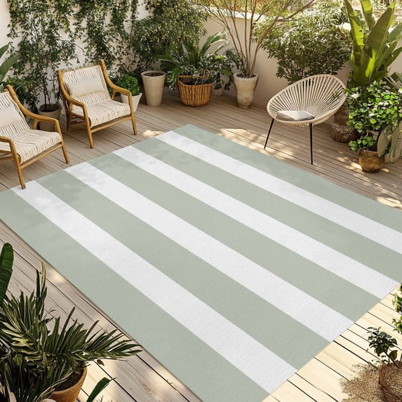 Sage Green Stripe Outdoor Rug 6x9 Ft - Reversible Patio Rug Outdoor Camping Rugs, Modern Simple Geometric White Striped Indoor Outdoor Area Rugs, Non-Slip Outdoor Carpet Runner for Deck/Porch