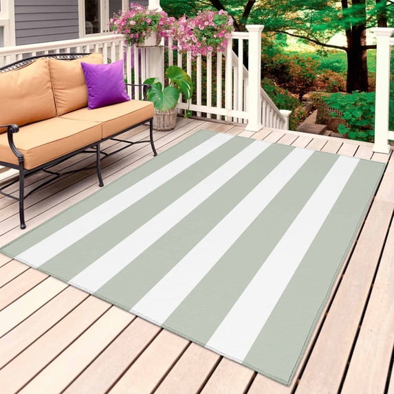 Sage Green Stripe Outdoor Rug for Patio/Deck/Porch, Non-Slip Large Area Rug 5 x 7 Ft, Modern Simple Geometric White Striped Indoor Outdoor Rugs Washable Area Rugs, Camping Rug Carpet Runner