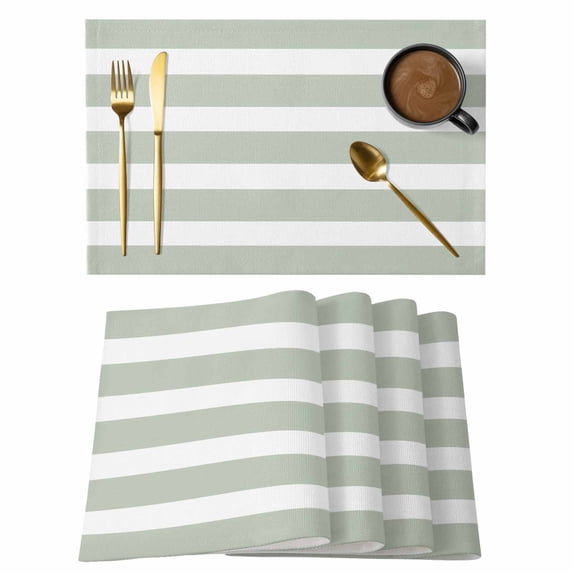 Sage Green Stripe Placemats Set of 6, Modern Simple Geometric White Striped Placemats for Dining Table, Place Mats for Kitchen Tabletop, Waterproof Wipeable Dining Table Mats Set