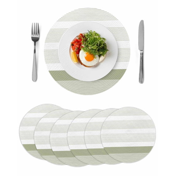 Sage Green Stripe Round 13 Inch Placemats Set of 6, Modern Rustic Horizontal Green Striped HeatResistant Non Slip Place Mats for Dining Table, Wipeable Braided Kitchen Table Mats for Housewarming