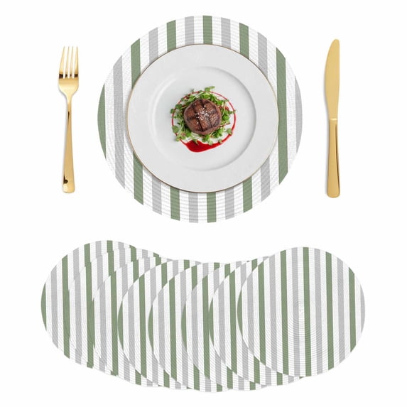 Sage Green Stripe Round 13 Inch Placemats Set of 8, Geometric Grey White Vertical Striped HeatResistant Non Slip Place Mats for Dining Table, Wipeable Braided Kitchen Table Mats for Housewarming