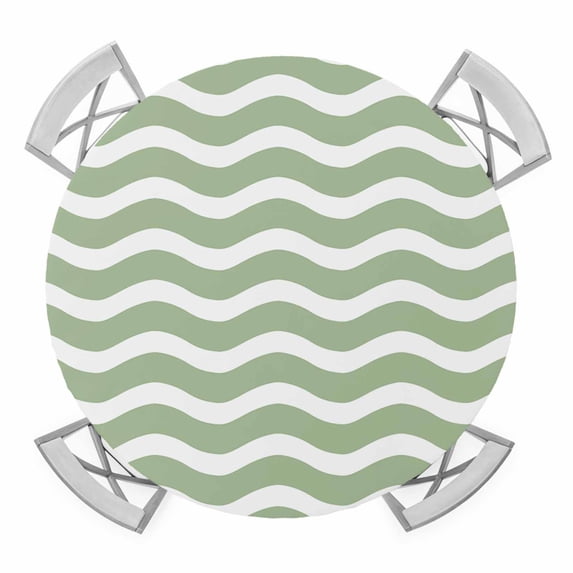 Sage Green Stripe Round Fitted Tablecloth with Elastic Edge, Waterproof Table Cloth Table Cover for 45"-54" Tables, Farmhouse Striped Modern Waves Moires Tablecloths for Dining Picnic Indoor Outdoor