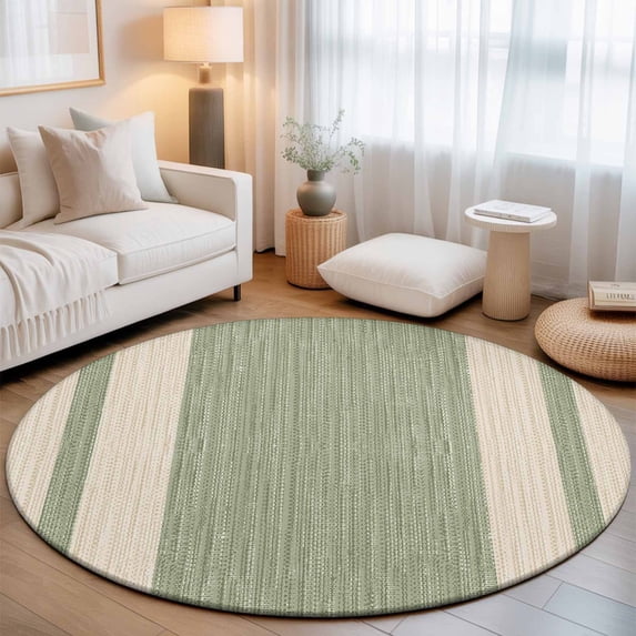 Sage Green Stripe Round Living Room Rugs 7 ft, Modern Geometric Classic Linear Slub Fabric Texture Washable Area Rug with Non-Slip Sturdy Edge Binding Round Carpet for Kitchen Office Bedroom