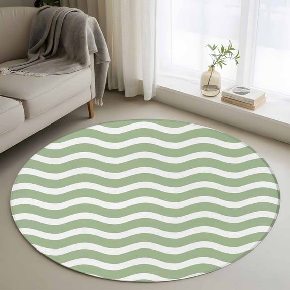 Sage Green Stripe Round Rugs 3.3ft, Farmhouse Striped Modern Waves Moires Non Slip Washable Rug Runner, Low Pile Indoor Floor Carpet Mat Bathroom Rugs for Living Room, Bedroom, Kids Room