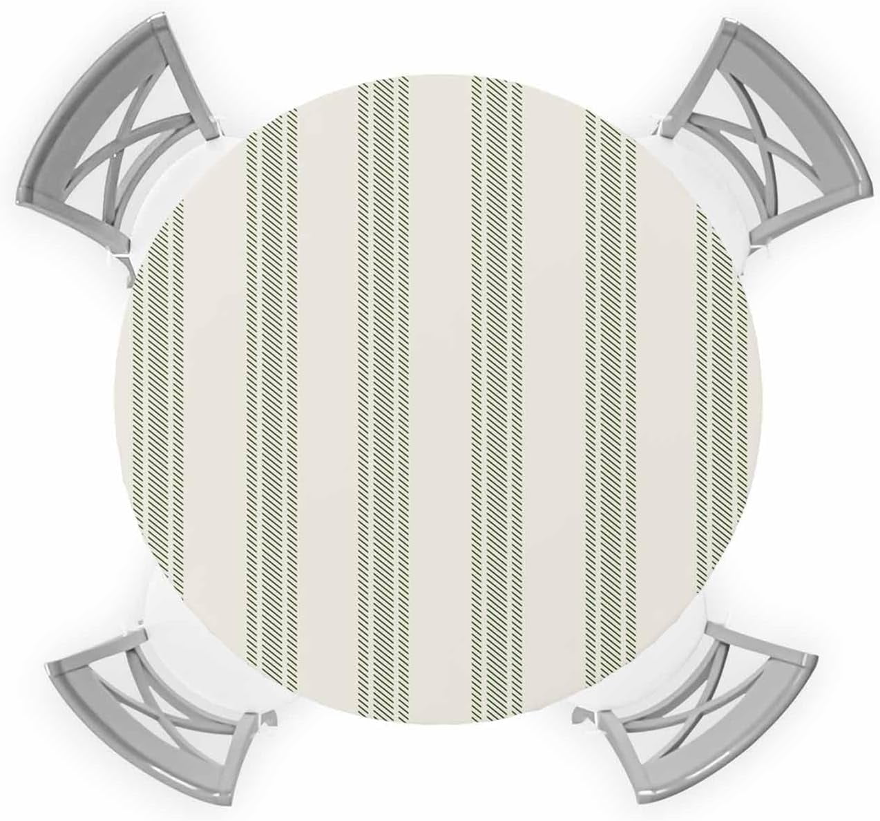 Sage Green Stripe Round Tablecloth Fitted Table Cover, Retro Farmhouse Geometric Beige Striped Elastic Tablecloths Waterproof Outdoor Indoor Stretch Cloth Tablecover for Dinner, Party, Shower, 36-44IN