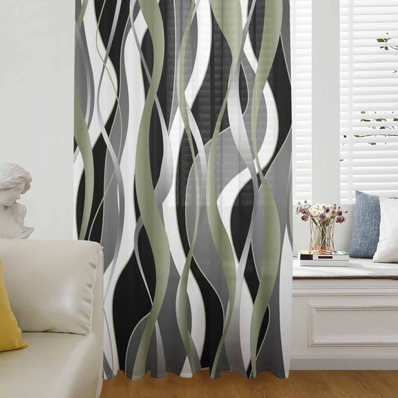 Sage Green Stripe Semi Sheer Curtains Drapes for Living Room, Bedroom, French Doors Window 96 Inches Long, Grey White Geometric Modern Abstract Rod Pocket Chiffon Curtain Drapery Voile Drape Panel