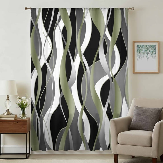 Sage Green Stripe Sheer Curtains 63 Inches Long, Grey White Geometric Modern Abstract Light Filering Curtains, Breathable Simi Curtain Privacy Drapes for Living Room Bedroom Window Treatment