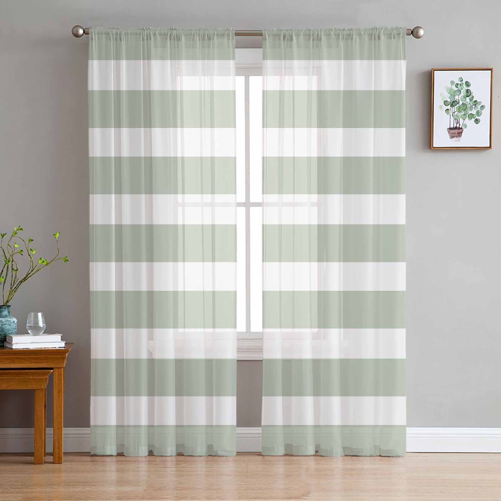 Sage Green Stripe Sheer Curtains 96 Inches Long 2 Panels Set, Window