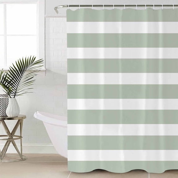 Sage Green Stripe Shower Curtain Set, Waterproof Shower Curtains for Bathroom, Modern Simple Geometric White Striped Washable Fabric Cloth Bath Curtain for Bathtub Decoration with Hooks 66x72 Inches