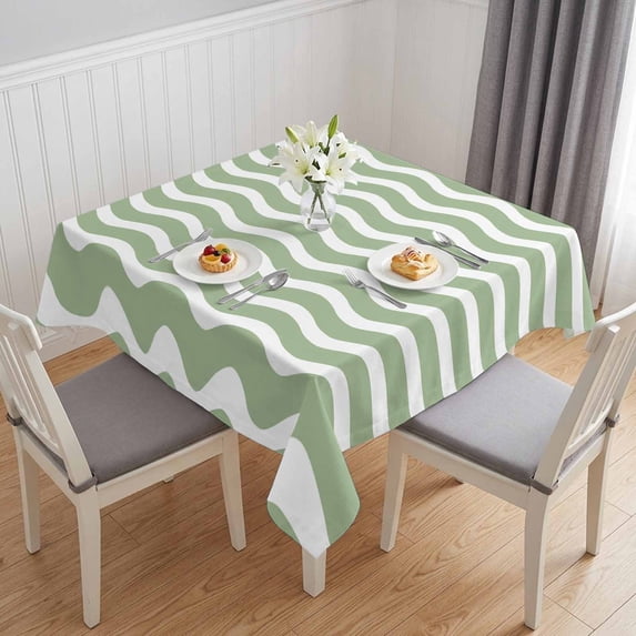 Sage Green Stripe Table Cloth Waterproof Tablecloths, Farmhouse Striped Modern Waves Moires Tablecloth Dining Table Cover for Kitchen Party Tabletop Outdoor, Square Tablecloth 60x60 Inch