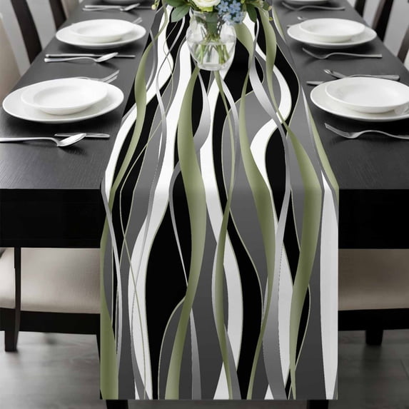 Sage Green Stripe Table Runner 120 Inches Long, Grey White Geometric Modern Abstract Kitchen Coffee Dining Table Decoration for Home Party Birthday Wedding Home Decor 13x120 Inches