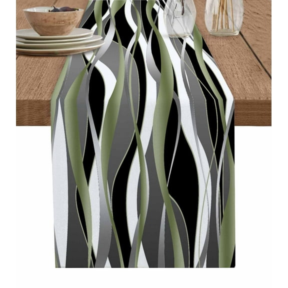 Sage Green Stripe Table Runner Cotton Linen 108 Inch Holiday Dresser Scarves, Grey Moire Geometric Modern Abstract Tablerunner for Kitchen Coffee Dining Bedroom Dinner Scarf Décor 13''x108''