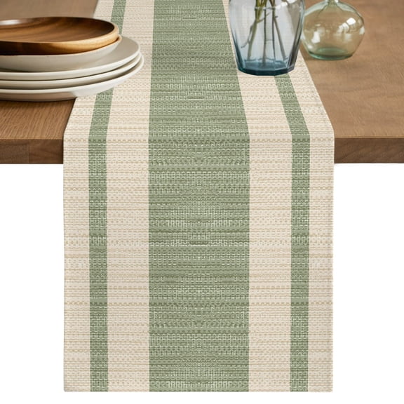 Sage Green Stripe Table Runner, Modern Geometric Classic Linear Slub Fabric Texture Cotton Linen Table Cloth, Tablerunner for Kitchen Dining Party Wedding Home Decor 13x36 Inch