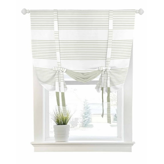 Sage Green Stripe Tie Up Curtains for Window, Thermal Insulated Balloon Shade Adjustable Rod Pocket Curtains Valance Panels for Kitchen Bathroom Cafe 42 x 45 Modern Rustic Horizontal Green Striped