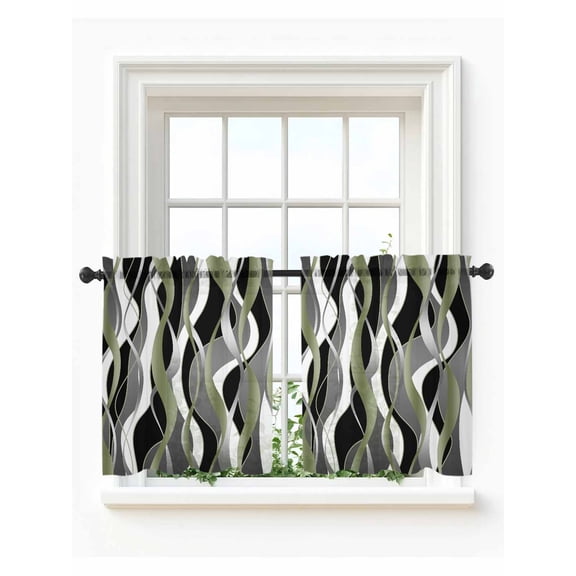 Sage Green Stripe Tier Curtains 24 Inch Length,Sheer Curtains for Bedroom Living Room,Grey Moire Geometric Modern Abstract Rod Pocket Voile Drapes Kitchen Curtains for Small Window 27.5"x24" 2 Panels