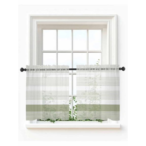 Sage Green Stripe Tier Curtains 24 Inch Length,Sheer Curtains for Bedroom Living Room Window Modern Rustic Horizontal Green Striped Voile Drapes Kitchen Curtains Small Half Window 27.5"x24" 2 Panels