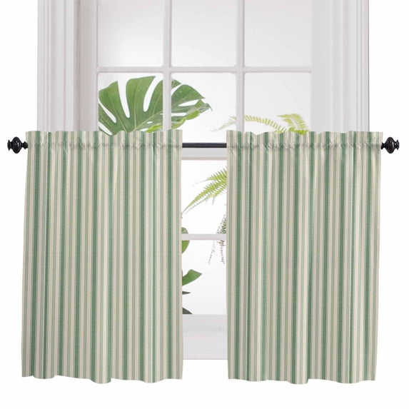 Sage Green Striped 2 Panel Kitchen Curtains for Windows, Modern Stripes Vintage Beige Bathroom Privacy Curtain, Home Décor Window Treatment for Bedroom/Living Room 55"x45"
