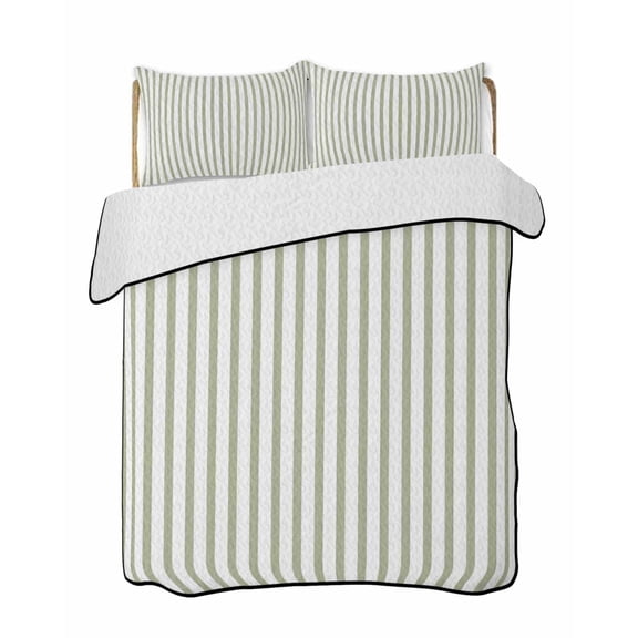 Sage Green Striped 3 Piece Quilt Bedding Set with 2 Pillow Shams, Modern Stripes Farmhouse Rustic Simple Lightweight Bedspread Coverlet, Soft Breathable All Season Quilt, 68 x 86 Inch