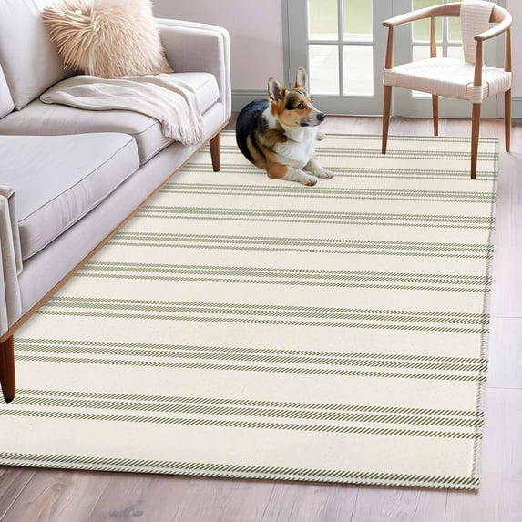 Sage Green Striped Area Rug 3x5 Washable Rug Non Slip Modern Farmhouse Green Stripes Large Area Rug Indoor Floor Carpet for Entryway Bedroom Kitchen Living Room Home Office Dining Room Nursery
