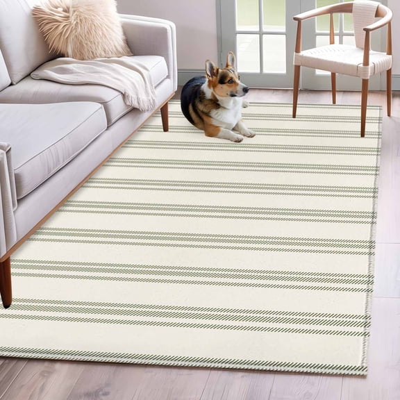 Sage Green Striped Area Rug 3x5 Washable Rug Non Slip Modern Farmhouse Green Stripes Large Area Rug Indoor Floor Carpet for Entryway Bedroom Kitchen Living Room Home Office Dining Room Nursery