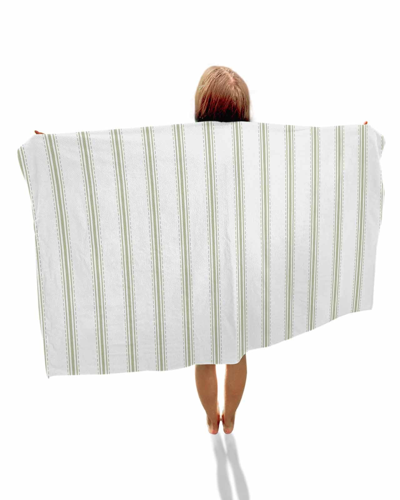Sage Green Striped Beach Towels Oversized Super Absorbent, Sage Green White Stripes Farmhouse Lightweight Bath Towel Quick Dry Sets For Bathroom/Pool/Rv Camping/Beach Play/Gym Room/Picnic 23"x47"