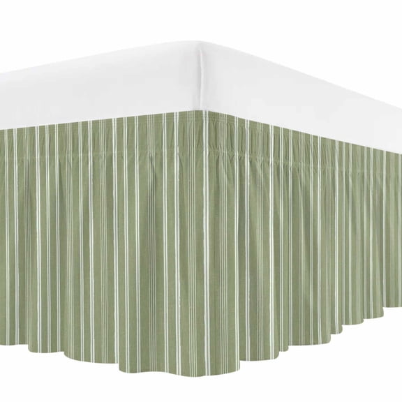 Sage Green Striped Bed Skirt Bed Skirts Queen Size 16 Inch Drop, Minimalism Stripes Modern Vintage Farmhouse Abstract Wrap Around Dust Ruffle Bedskirt with Adjustable Elastic Belt for Queen Size Beds