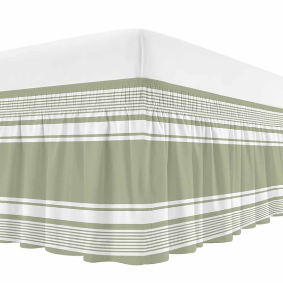 Sage Green Striped Bed Skirt California King Size 18 Inch Drop, Modern Classic Stripe Rustic Country Farmhouse Wrap Around Dust Ruffle Bedskirt with Adjustable Elastic Belt