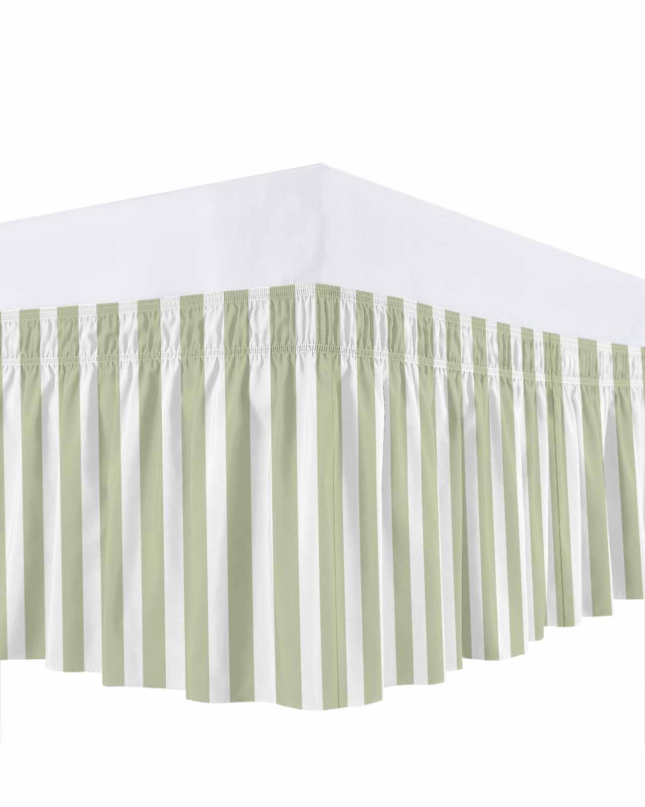 Sage Green Striped Bed Skirt Queen Size, Modern Farmhouse Sage Green White Stripes Wrap Around Bed Skirting with Adjustable Elastic Strap, Dust Ruffle Pleated Bedskirts 16 Inch Drop for Bedroom Beds
