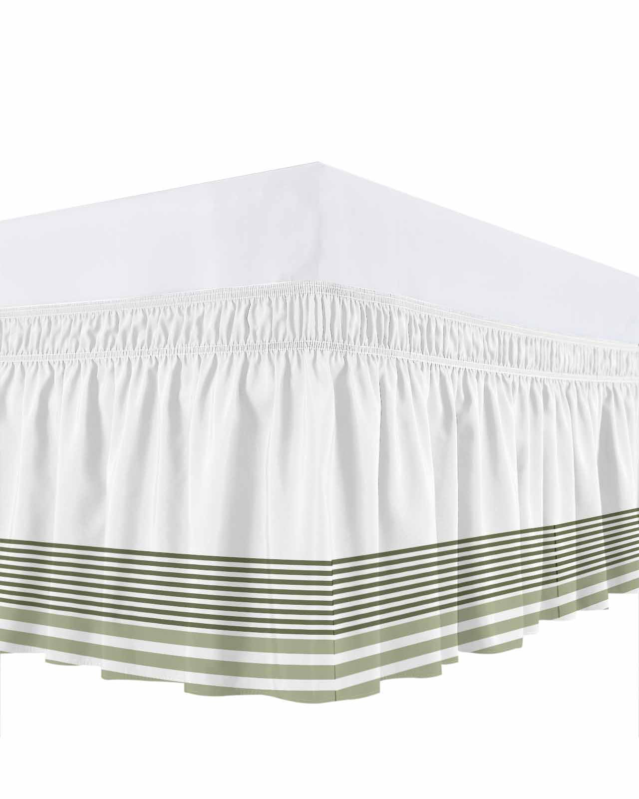 Sage Green Striped Bed Skirt Queen Size, Modern Farmhouse Stripes Wrap Around Bed Skirting with Adjustable Elastic Strap, Dust Ruffle Pleated Bedskirts 16 Inch Drop for Bedroom Queen Beds