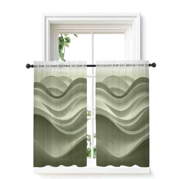 Sage Green Striped Curtains 54 Inch Length,Sheer Curtains for Bedroom Living Room Window Modern Abstract Art Wave Moire Gradient Rod Pocket Drapes Kitchen Curtains Small Half Window 42"x54" 2 Panels