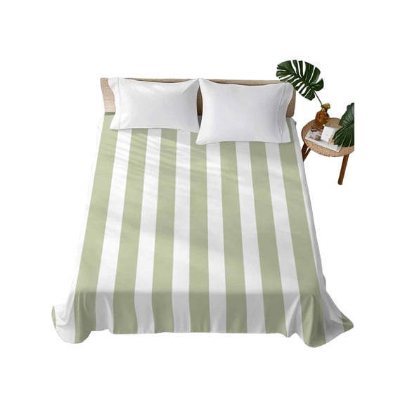 Sage Green Striped Flat Sheets Only King Size, Soft Breathable Bed Top Sheets for Mattress, Modern Farmhouse Sage Green White Stripes Luxury Bedding Flat Sheets for Home Hotel Bedroom Bed Protection