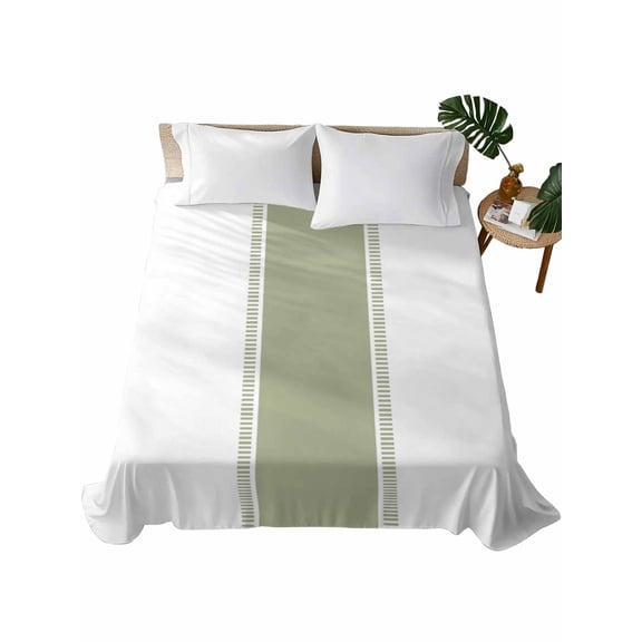 Sage Green Striped Flat Sheets Only Queen Size, Soft Breathable Bed Top Sheets for Mattress, Modern Geometric Abstract Art Luxury Bedding Flat Sheets for Home Hotel Bedroom Bed Protection