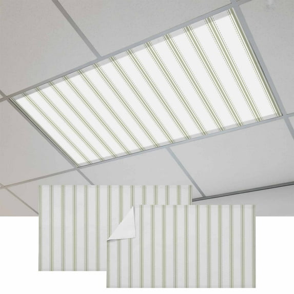 Sage Green Striped Fluorescent Light Covers, Sage Green White Stripes Farmhouse Magnetic Light Covers for Ceiling Lights, Fluorescent Ceiling Shade Filters for Classroom Bedroom Office 4x2Ft x 2PCS