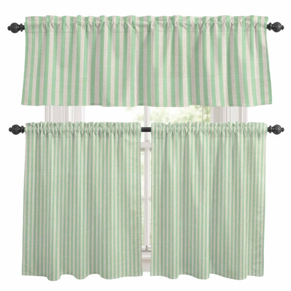 Sage Green Striped Kitchen Curtains Sets for Windows 24 Inch Length, Modern Simple Farmhouse Beige Rod Pocket Window Treatments Tier Curtains and Valances Set for Bedroom/Bathroom