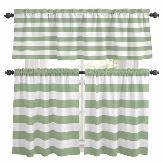 Sage Green Striped Kitchen Curtains Sets for Windows 36 Inch Length, Farmhouse Sage Green Stripes Rod Pocket Window Treatments Tier Curtains and Valances Set for Bedroom/Bathroom