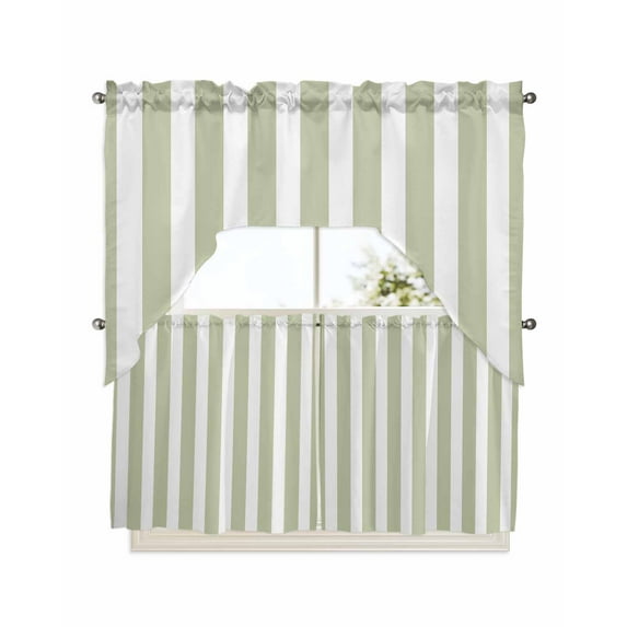 Sage Green Striped Kitchen Curtains Swag Valance and Tier Curtains Set 24 Inch Length, Modern Farmhouse Sage Green White Stripes Rod Pocket Drape Panels Pair Swag Curtains for Bathroom/Cafe/Window