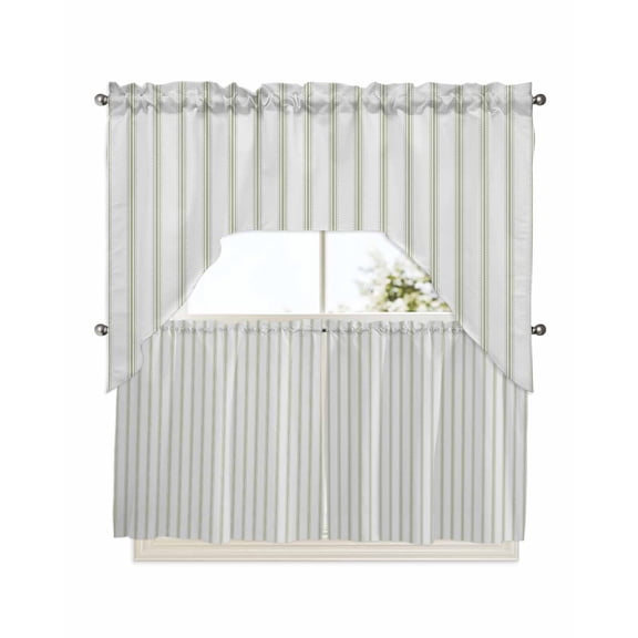 Sage Green Striped Kitchen Curtains Swag Valance and Tier Curtains Set 24 Inch Length, Sage Green White Stripes Farmhouse Rod Pocket Drape Panels Pair Swag Curtains for Bathroom/Cafe/Window