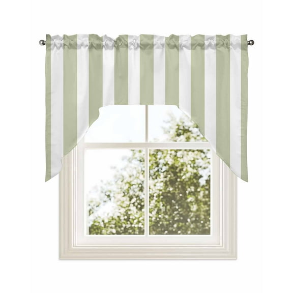 Sage Green Striped Kitchen Curtains Swag Valance for Windows/Bathroom/Cafe, Modern Farmhouse Sage Green White Stripes Rod Pocket Drape Panel Swag Curtains Valance for Bedroom/Living Room 56"x36"