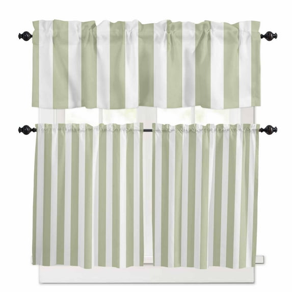 Sage Green Striped Kitchen Curtains and Valances Set, 3 Piece Kitchen Curtains Set 24 Inch Length, Modern Farmhouse Sage Green White Stripes Rod Pocket Curtains Tier Farmhouse Window Curtains