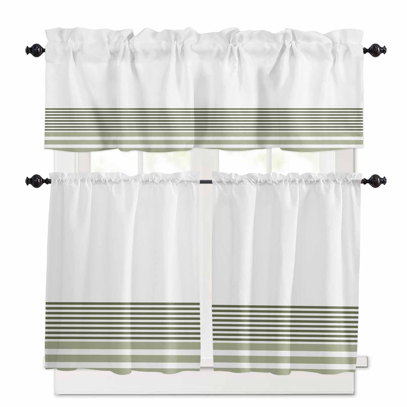 Sage Green Striped Kitchen Curtains and Valances Set, 3 Piece Kitchen Curtains Set 36 Inch Length, Modern Farmhouse Stripes Rod Pocket Curtains Tier Farmhouse Window Curtains