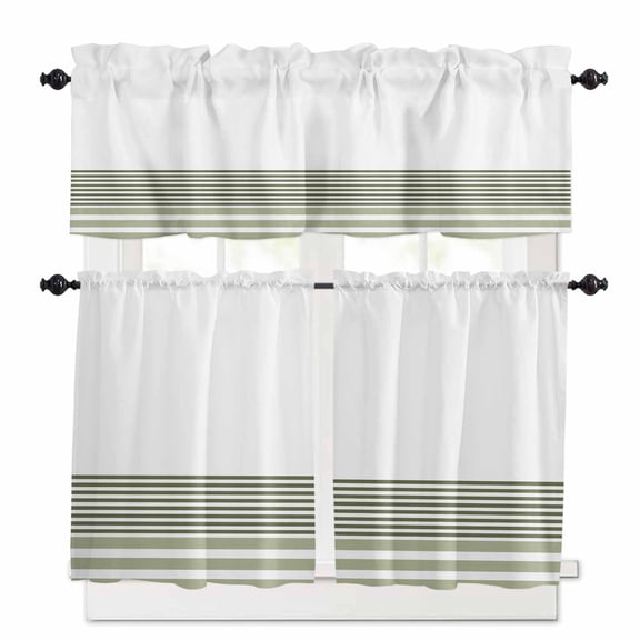 Sage Green Striped Kitchen Curtains and Valances Set, 3 Piece Kitchen Curtains Set 36 Inch Length, Modern Farmhouse Stripes Rod Pocket Curtains Tier Farmhouse Window Curtains