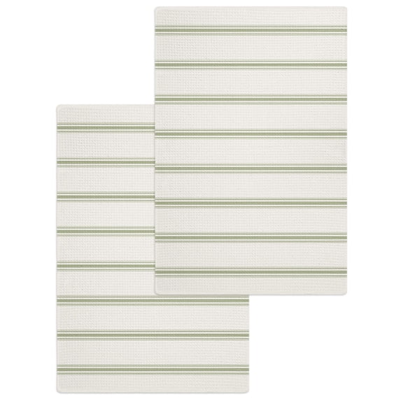 Sage Green Striped Kitchen Dish Towels for Drying Dishes Set of 2, Rustic Green Stripe Modern Art Beige Waffle Weave Microfiber Hand Tea Bathroom Towels Quick Dry & Absorbent Towel 15.7x23.6